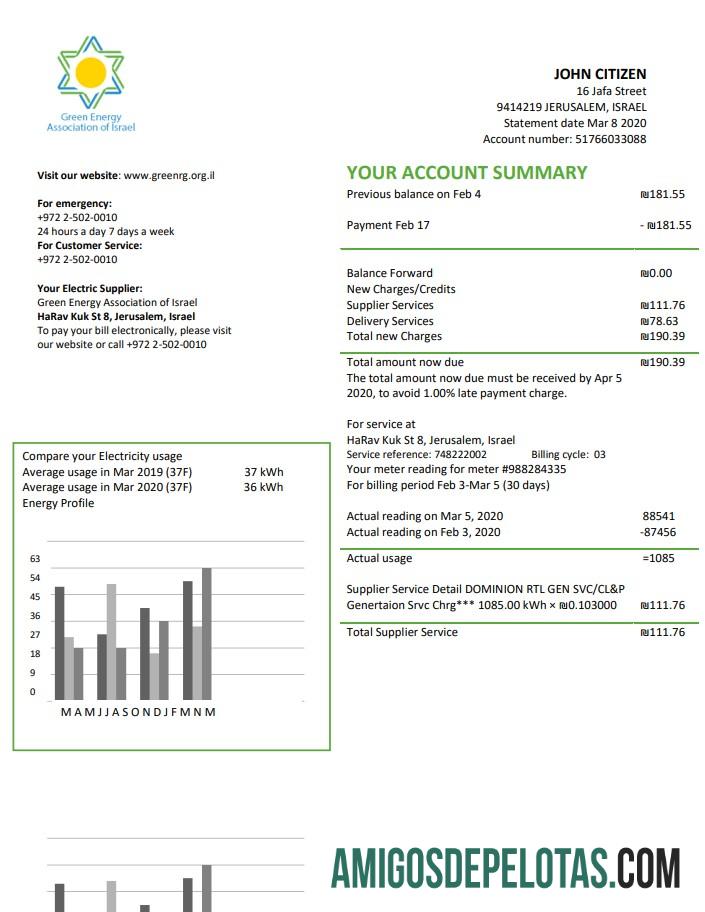 realista Modelo de conta de serviços públicos da Associação de Energia Verde de Israel em formato Word e PDF (doc)